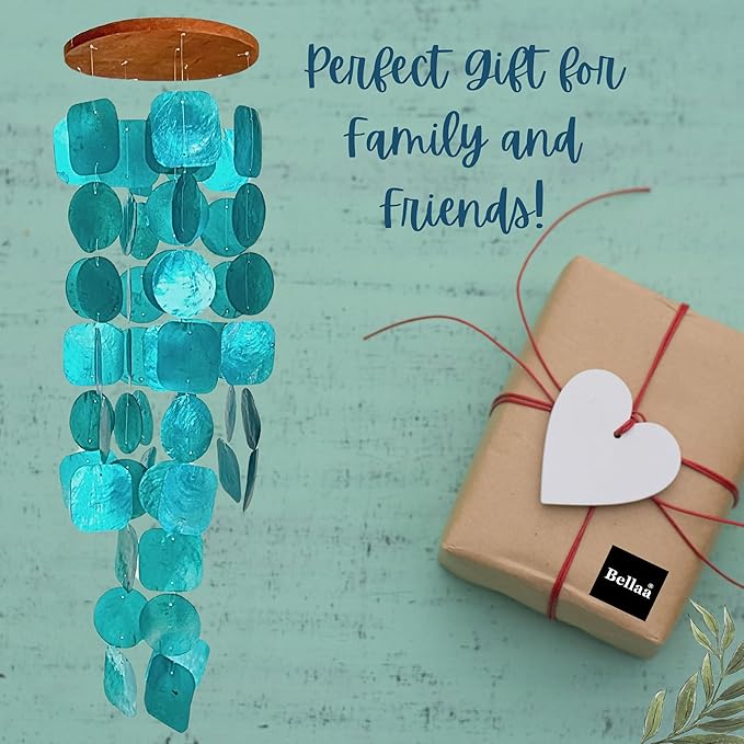 Bellaa 20744 Wind Chimes Outdoor, Garden Decorations, Musical, Indoor/Outside Windchimes, Beach, Ocean Breeze, Gifts for Mom, Gift for All Occasions, Capiz Shells Turquoise