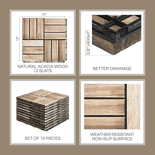 10 Pcs Deck Tiles, Patio Flooring - Outdoor Waterproof Acacia Wood Tiles for All Weather Use - Balcony, Backyard, Indoor & Outdoor (White Crossed Pattern, 10 Square Ft)