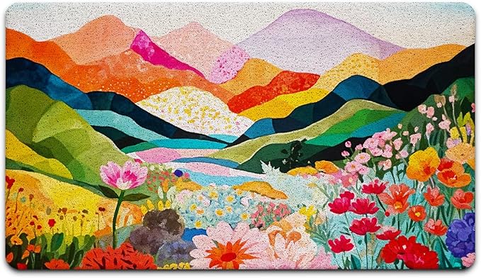 JINYO Abstract Boho Door Mat, Watercolor Boho Mountain Wildflowers Floral Door Mats for Front Door Porch Outdoor Indoor Entrance Entryway, Colorful Floral Bath Mat for Bathroom, 17x30 Inch
