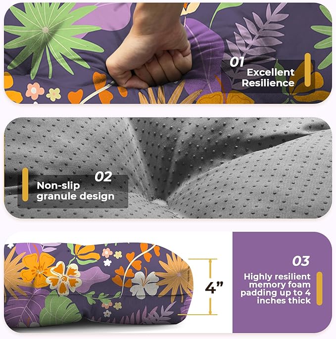 All Weather Chaise Lounge Cushions Outdoor Lounge Chair Cushion, Waterproof Memory Foam Chaise Chair Cushion for Outdoor Patio Furniture with Non-Slip Back and Ties, Purple Floral Leaf