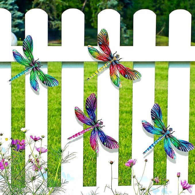 SUNREEK Metal Dragonfly Wall Decor, 9 Inches Dragonfly Outdoor Wall Art for Fence Garden Yard Patio Decorations