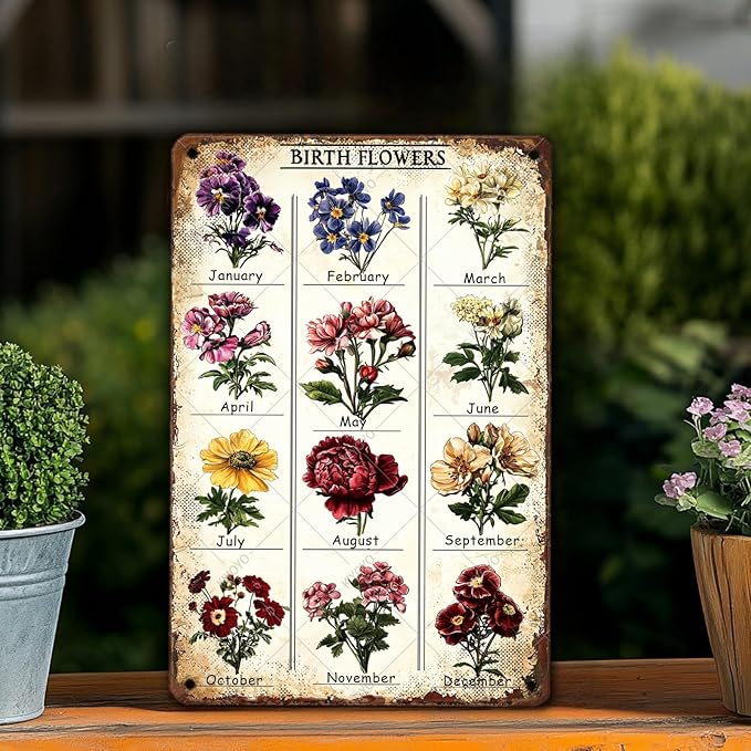 Garden Gifts Vintage Gardening Signs Mom Grandma Birth Month Flower Tin Sign for Home Garden Greenhouse Living Room Bedroom Yard Cottage Outdoor Decor 16x12 Inch