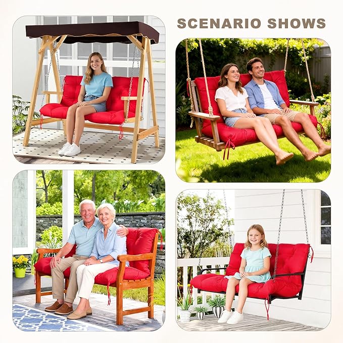 Porch Swing Cushion with Backrest,Waterproof Bench Cushion for Outdoor Furniture,2-3 Seater Replacement Thickened Swing Cushion with Ties,Patio,Outdoor,Backyard and Garden (Red,60x40)
