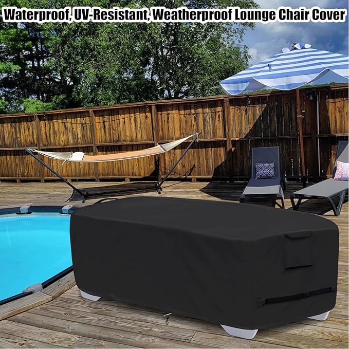Outdoor Lounge Chair Covers for 4-6 Stackable Patio Chaise Lounge Chairs, Waterproof, Durable Polyester Fabric 80 x 32 x 40 Inch Pool lounge chair covers for Winter Storage (Black)