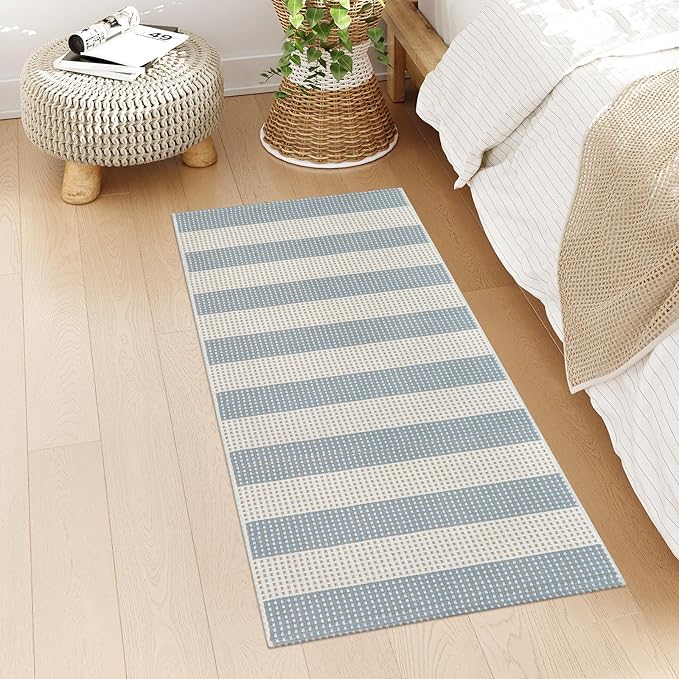 Boho Striped Outdoor Mats for Front Door 2'x4.3',Blue and Cream Washable Rug Runner,Cotton Hand Woven Indoor Outdoor Rugs,Foldable Farmhouse Layered Door Mats for Entryway