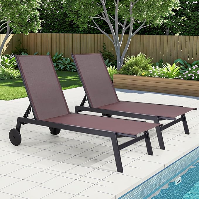 EROMMY Patio Chaise Lounge Chair Set of 2 with Table, Adjustable Backrest & Wheels, Waterproof Outdoor Poolside Recliners for Garden, Deck, Lawn, Backyard