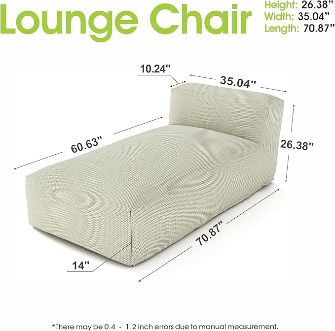 Outdoor Bean Bed Chair Sun Lounger, Outdoor Couch Sofa for Patio & Pool, Foam Filling Day Bed Furniture, Comfy Lazy Sofa for Outside, Water-Resistant Seating (Light Green, 70'' L)