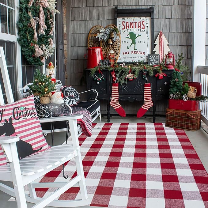 Christmas Outdoor Mat Buffalo Plaid Christmas Decor Rug Cotton Hand-Woven Layered Door Mats Washable Carpet for Front Porch, Kitchen, Farmhouse, Entryway