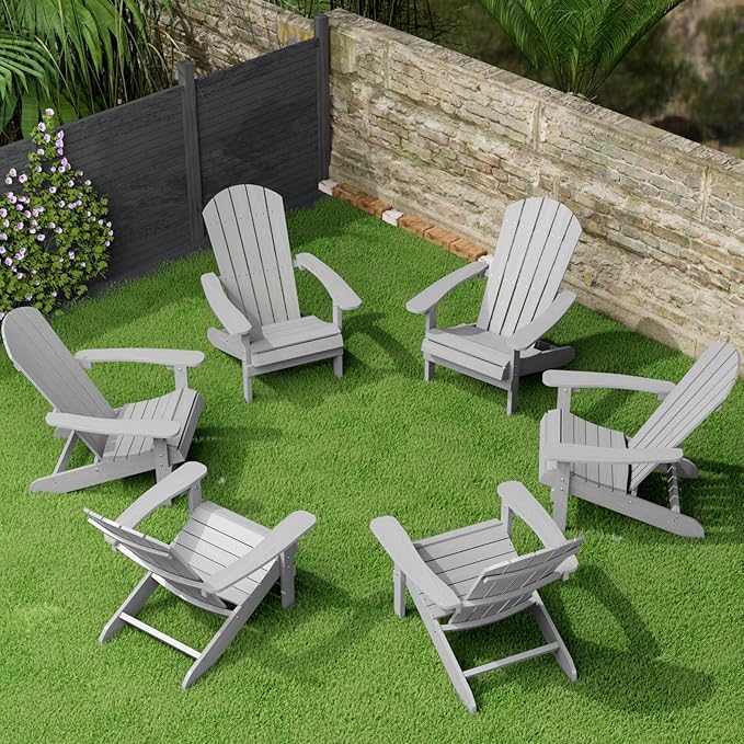 YEFU Adirondack Chairs Set of 6: Plastic Adirondack Chairs - Patio Chairs with Wood Texture - Outdoor Chair HIPS - Lawn Fire Pit Deck Porch Garden Chairs for Adults(Grey)