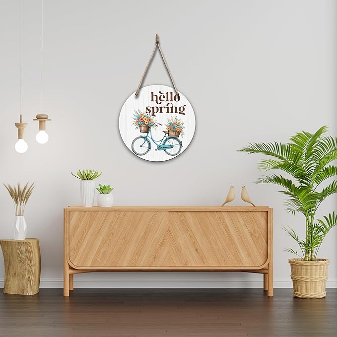 Spring Hanging Decor For Front Door, Bicycle Planter Welcome Spring Round Sign Decor For Farmhouse Home Yard Porch, Hello Spring Decorations, Spring Wall Plaque Gifts For Friends Family -04