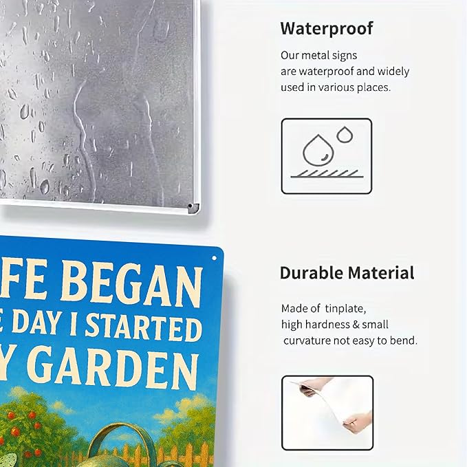 Funny Garden Signs Decorative Outdoor, “Life Began the Day I Started My Garden”Signs for Outside – Vintage Metal Yard Decor for Fence, Greenhouse – Cool Gardner Gifts for Gardening Lovers -8x12 Inch