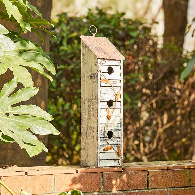 Glitzhome 18" H Wooden Bird House, Hanging Birdhouses for Outdoors, Washed White Distressed Three-Story Cottage Garden Bird House for Chickadee Cedar Wren Sparrow Finch Cardinal