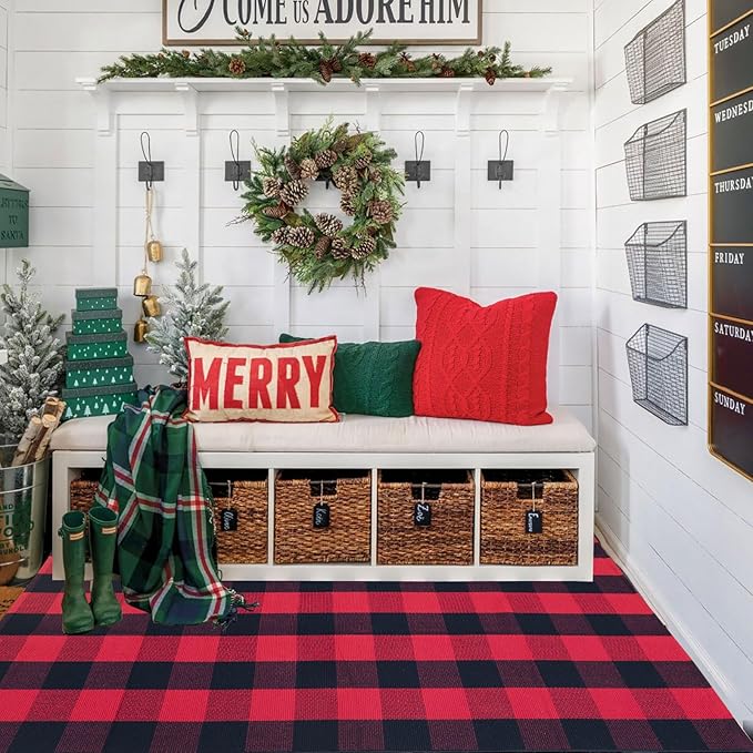 Red and Black Plaid Rug, 4' x 6' Check Outdoor Front Door Decorative Mat, Cotton Woven Rug for Layered Door Mats Washable Carpet for Porch, Entryway, Farmhouse, Christmas, Halloween