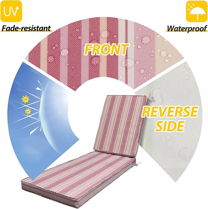 AAAAAcessories Outdoor Chaise Lounge Cushions, Fade-Resistant, Waterproof Patio Furniture Replacement Cushions, 74" x 23" x 3", Set of 2, Dusty Rose Garden Stripe