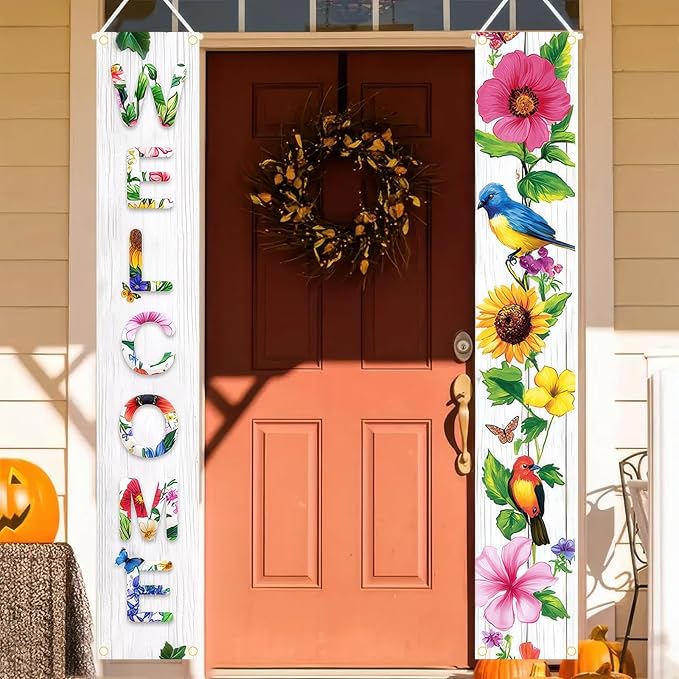 2 Pcs Welcome Floral Porch Banners Spring Bird Flower Hanging Flag Porch Sign for Front Door Outdoor Seasonal Holiday Wedding Yard Decor Farmhouse Indoor Outdoor Wall Backdrop Decorations