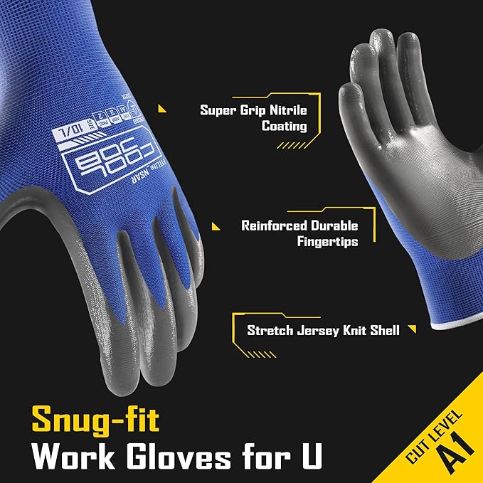 COOLJOB 10 Pairs Nitrile Dipped Safety Work Gloves with Grip, Non-slip Rubber Coated Bulk Garden Gloves for Men, Heavy-duty Oil Resistant for Truck Driver, Warehouse Box Handler, Small, Red Blue
