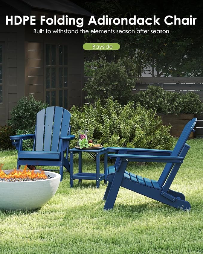 GREENVINES Folding-Adirondack-Chairs-Set-of-6 | HDPE Plastic | Fire Pit Chair | All Weather | Cup Holder | Blue | for Deck Backyard Patio Outdoor Garden