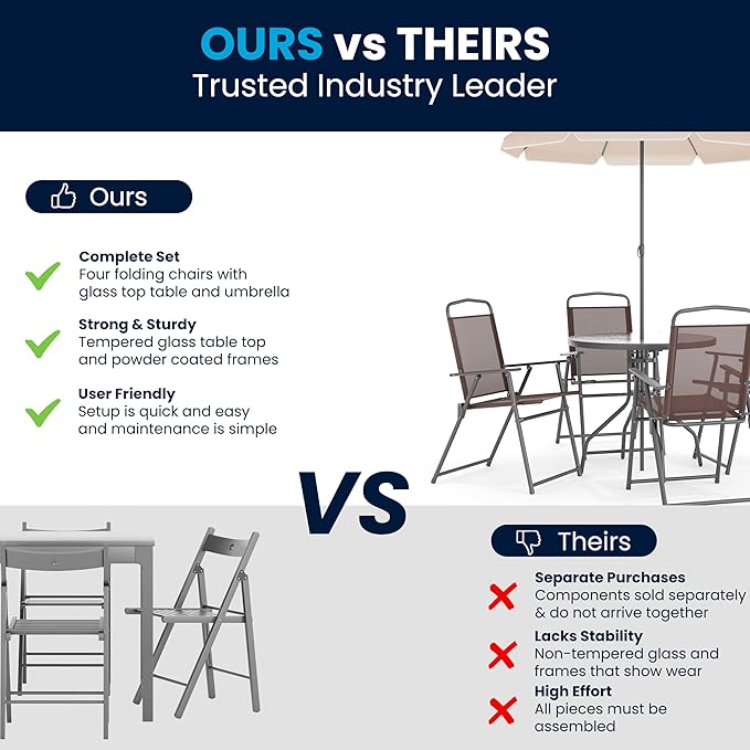 Flash Furniture Nantucket 6-Piece Patio Dining Set with Glass Table, 4 Folding Chairs, and Umbrella, Outdoor Patio Set, Brown