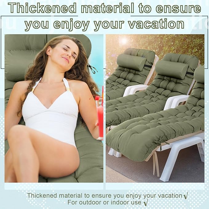 Tudomro 2 Pcs Olive Green 66'' Outdoor Chaise Lounge Cushion Waterproof Patio Lawn Pool Chaise Lounge Cushion with Headrest Pillow & Ties Weather Fade Resistant Replacement Longue Chair Pad