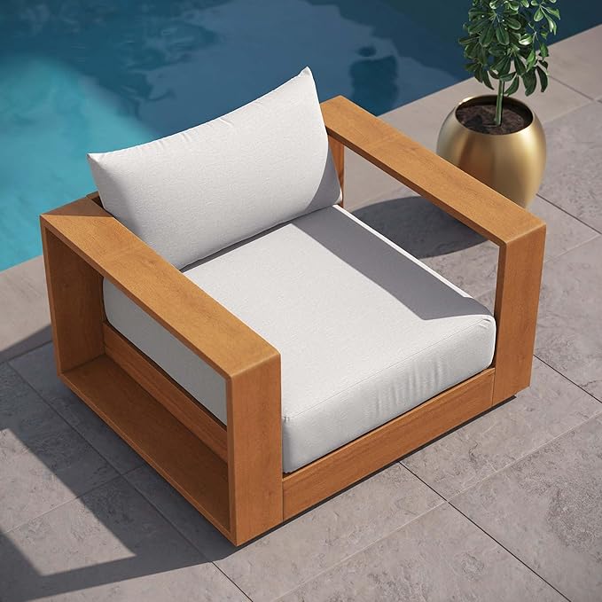 Modway Tahoe Acacia Wood Outdoor Patio Chair in Natural Light Gray with Weather-Resistant Cushions - Ideal as Club Chair or Outdoor Dining Chair