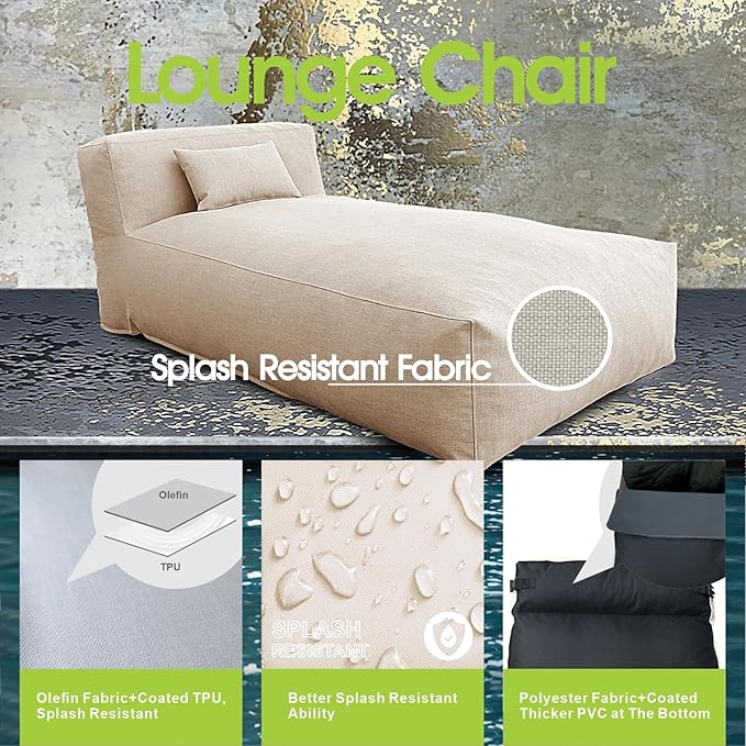 Bean Bag Chaise Lounge Chair Outdoor, Water Resistant Floor Lounge Chairs Foam Filled for Pool & Outside, Patio Day Bed Modern Furniture Set, Comfy Lazy Sofa Couch Bean Bag, Light Beige