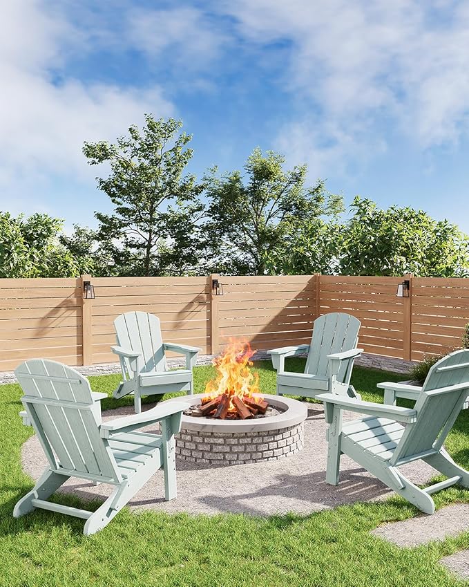 GarveeLife Folding Adirondack Chairs, HDPE Outdoor Patio Chairs All Weather Resistant with Wood Texture for Fire Pit, Deck, Patio, Pool, Backyard - Light Blue