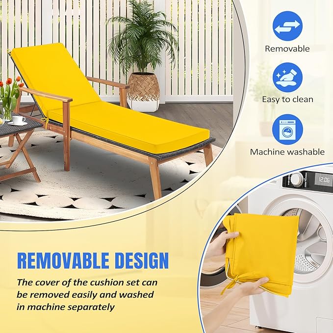 Basic Beyond Chaise Lounge Cushions Outdoor, 3-Layer Waterproof Outdoor Furniture Cushions with Removable Cover and 4 Ties, 72"x21"x3" Patio Lounge Chair Cushions for Outdoor Furniture, Yellow