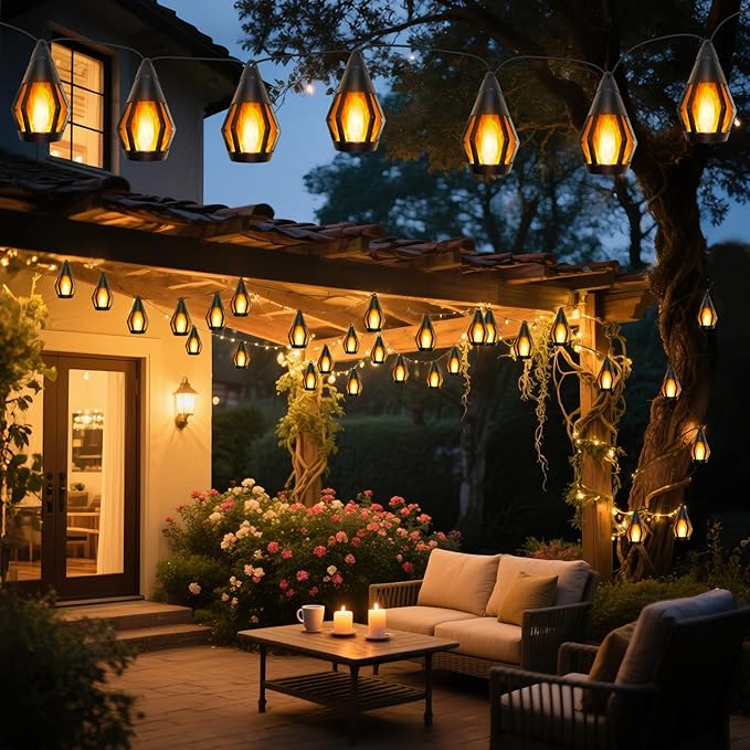 21Ft Solar String Lights Outdoor Waterproof Solar Powered Patio Lights with 10 Flickering Flame Light Bulbs Hanging Lantern String Light for Garden Yard Gazebo Cafe Bistro Party Outdoor Decor