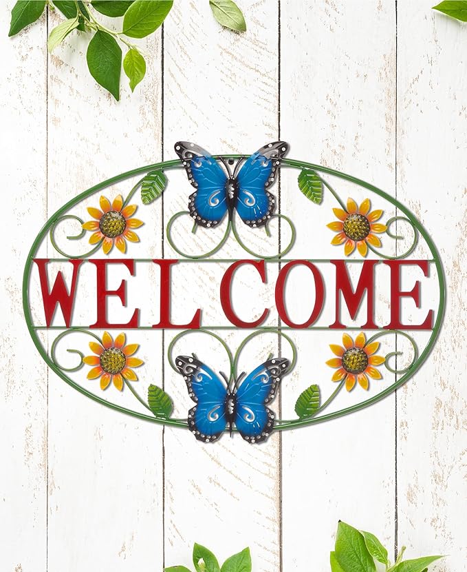 Glitzhome 23.75" L Welcome Wall Decor, Metal Rustic Sunflowers and Butterflies Decor Welcome Sign Wall Door Decoration for Home Outdoor Indoor Decorative Truck Metal Wall Hanging
