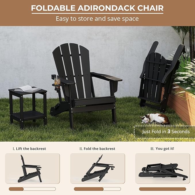 BRIOPAWS Folding-Adirondack-Chair | HDPE Plastic | Fire Pit Chairs | Cup Holder | Curved Back | All Weather | for Outdoor Backyard Deck Patio | Black