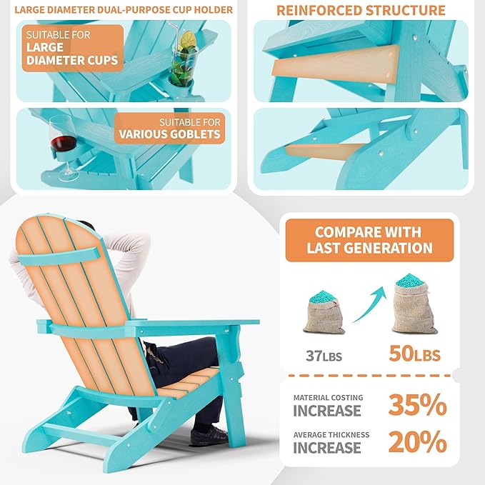YEFU Adirondack Chair, Foldable Oversized Plastic Adirondack Chair Set of 4 with Cup Holder, Patio Chair with Weather Resistant for Outside Deck Lawn, Weight Capacity Up to 400 Lbs –Aruba