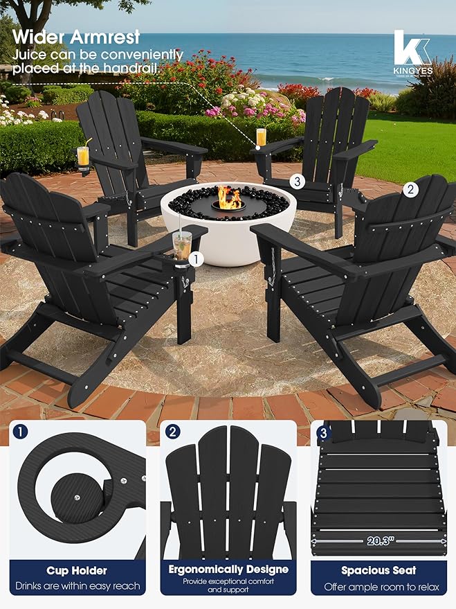 KINGYES Folding Adirondack Chair, HDPE All-Weather Patio Chairs with Cup Holder, Wooden Textured Fire Pit Chairs for Poolside, Backyard, Deck, Black