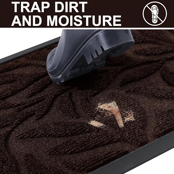 Smiry Front Door Mat Indoor Outdoor Entrance, Heavy Duty Natural Rubber, Trap Dirt and Moisture, Non-Slip Doormats, Low Profile, Easy Clean Patio Porch Entryway Mat, 29.5x17, Dark Brown