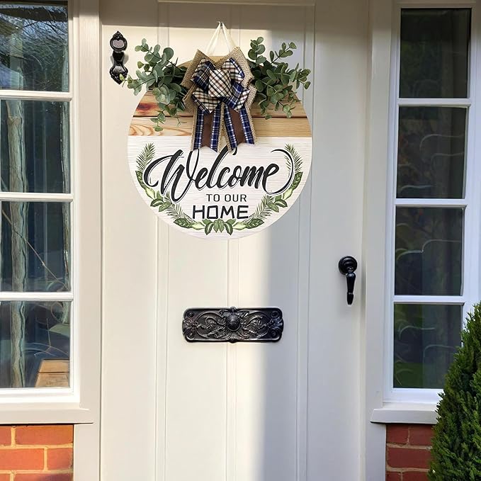 Welcome Sign Front Door Decoration 12 Inch Round Wood Wreath Wall Hanging Outdoor, Farmhouse, Porch, Suitable for Spring Summer Fall Seasons Holidays Christmas (blue)