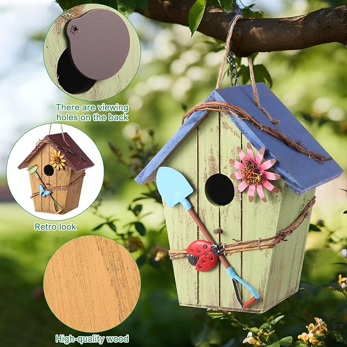 2 Pcs Decorative Birdhouse for Yard Outside Hanging Wooden Birdhouse Hand Painted Bird Box for Bird Lovers Bluebird Tree Swallow Wild Chickadee Garden Decor(Bright Color,Wooden Roof)