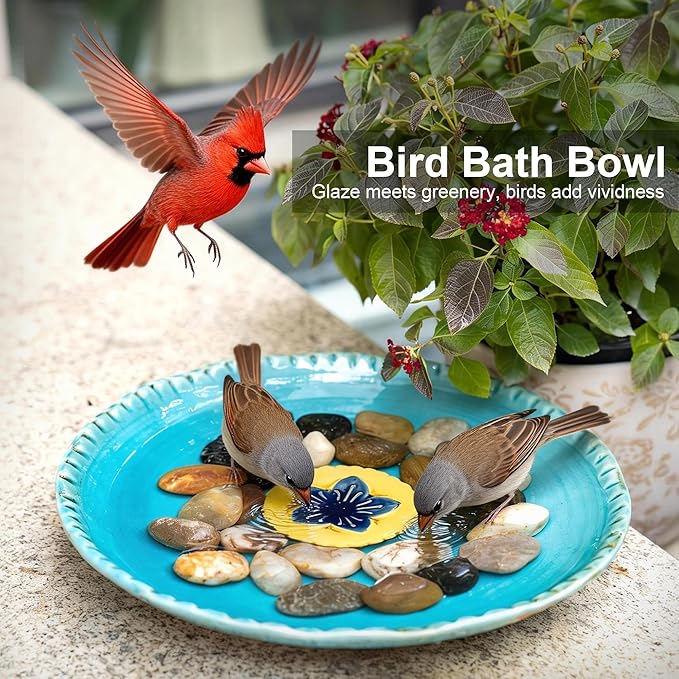 Topadorn 12.25in Ceramic Bird Bath for Outdoors, Large Bird Bath Bowl for Garden Lawn Balcony Patio Yard Tabletop Ground Decor, Blue with Yellow Flower