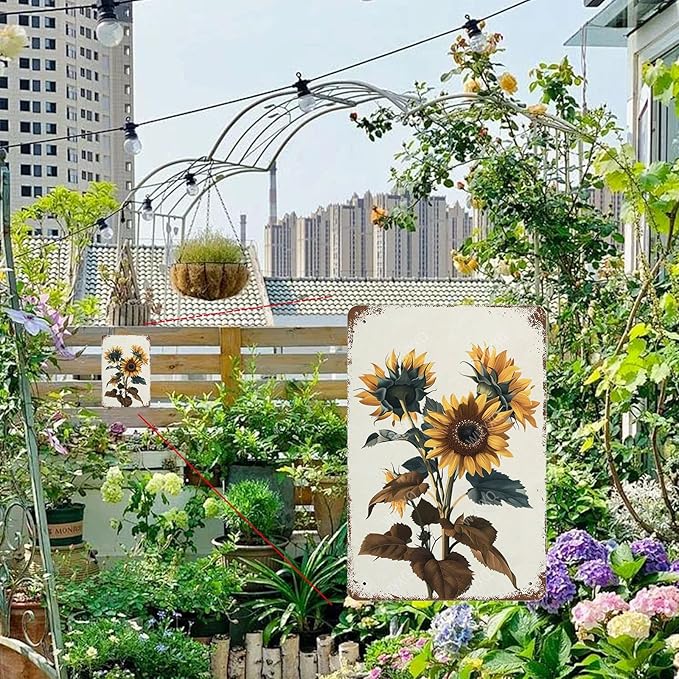 Flowers Metal Signs Sunflower Sign Vintage Tin Sign Aluminum Sign Retro Wall Decor for Living Room Bedroom Greenhouse Garden Yard Shop Bar 8×12 Inches