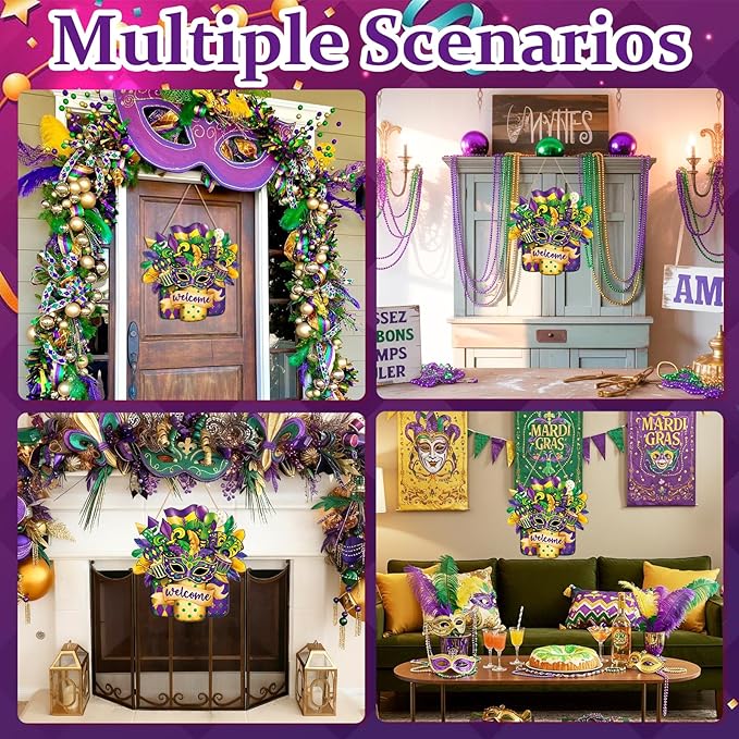 Wooden Mardi Gras Wreath for Front Door Sign Mason Jar Carnival Welcome Door Decoration, New Orleans Hanging Crafts for Wall Home Farmhouse Outdoor Indoor Holiday Party Decor Masquerade Hanger