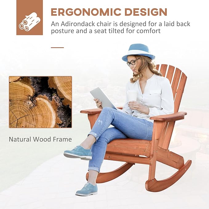 Outsunny Wooden Adirondack Rocking Chair Outdoor Lounge Chair Fire Pit Seating with Slatted Wooden Design, Fanned Back, & Classic Rustic Style for Patio, Backyard, Garden, Lawn, Teak
