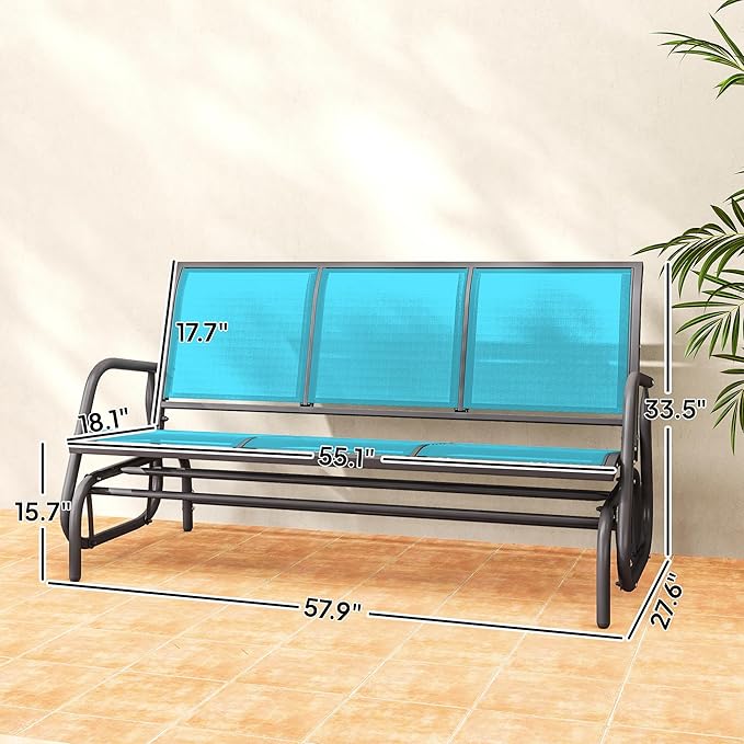 Outsunny 3-Person Patio Glider Bench, Outdoor Porch Glider Swing with 3 Seats, Breathable Mesh Fabric, Metal Frame, Blue