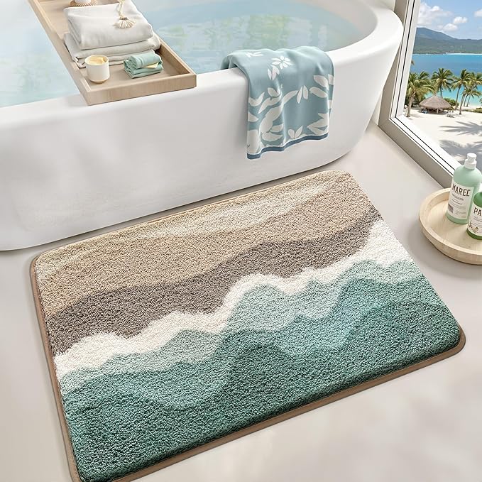 LUMI Beach Bathroom Rugs, Non Slip Bath Mat Ultra Soft Washable Absorbent Quick Dry, Ocean Sea Theme Bath Rug with Starfish Shell for Shower Floor, Kitchen Decor, Kids Room, 16"x24"