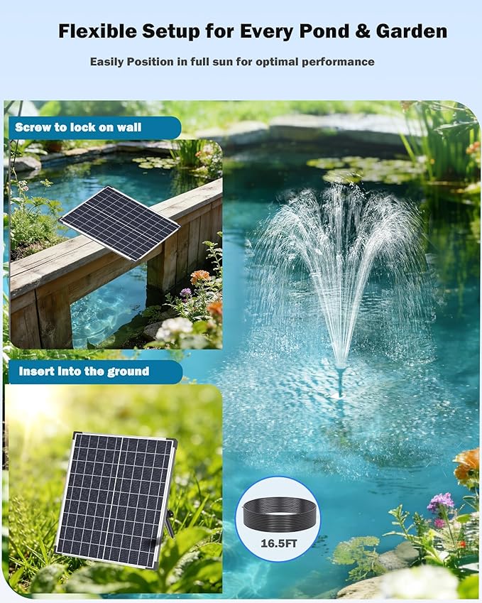 Antfraer 25W Solar Pond Pump, Solar Fountain Pump with 6.6FT Tubing & 16.5FT Cord for Garden Ponds, Fish Tanks Waterfalls & DIY Fountain Water Features