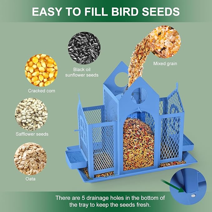 Solar Bird Feeder House for Outside Hanging, Large Capacity Birdhouse Bird Feeders Hanging for Outdoors, Metal Mesh Wild Birdfeeder for Finch Cardinal (Blue and Black)