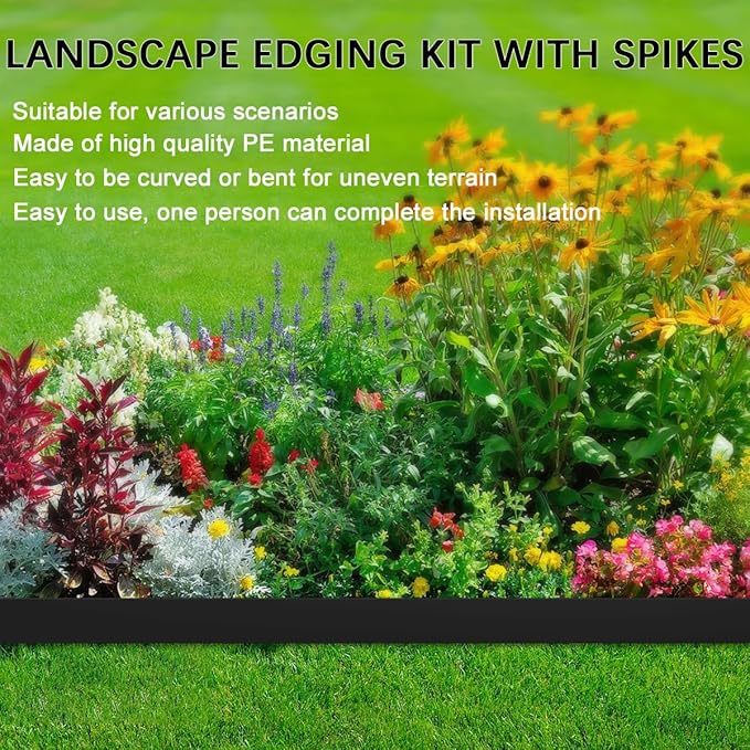 Garden Edging, 98FT Plastic Landscape Edging with 150 Pcs Metal Spikes, 3 Inch Tall Flexible Tool-Free Lawn Edging for Flower Bed, Yard, Paving, Pathway
