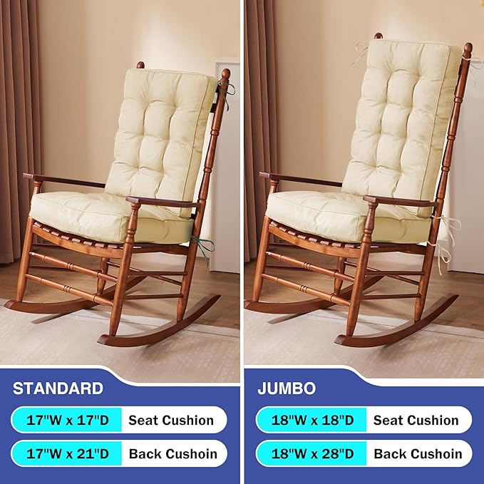 Rocking Chair Cushion, Waterproof and Fade-Resistant Patio Chair Cushions, Tufted Chair Pads for Rocker Furniture, 17x17 Inch, Indoor/Outdoor Seat Cushions with Ties, Beige (Pack of 2)