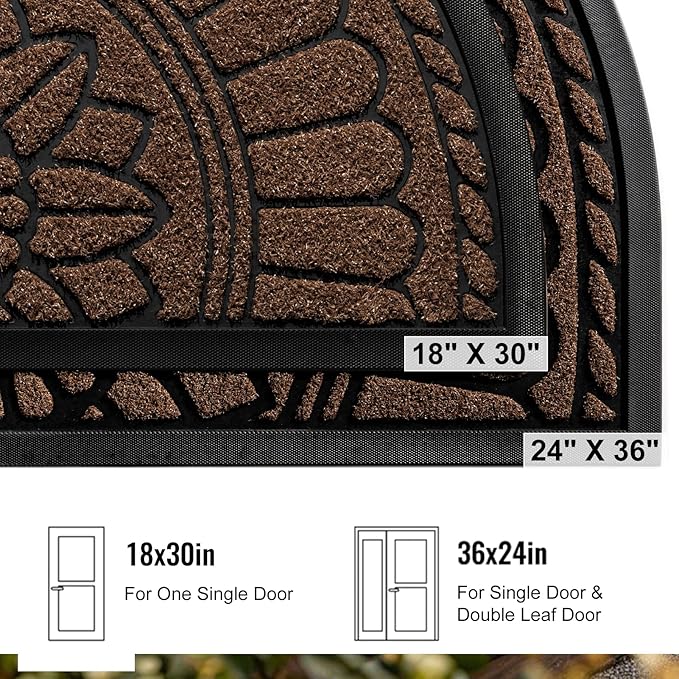 Mibao Front Door Mat Indoor Outdoor Entrance, Semicircular Entrance Mat, Half Round Waterproo Non-Slip Durable Rubber Door Mats, Low Profile Heavy Duty Doormat for Garage, Patio, 30" x 18", Coffee