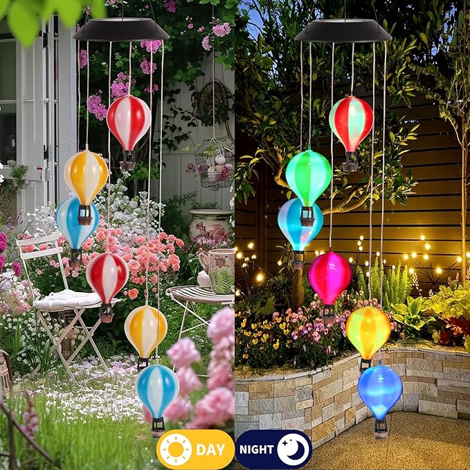 Solar Wind Chimes for Outside, Color Changing Hot Air Balloon Wind Chimes Solar Lights for Outside Garden Outdoor Patio Décor, Gifts for Mom Birthday Gifts for Women Grandma Wife Friend