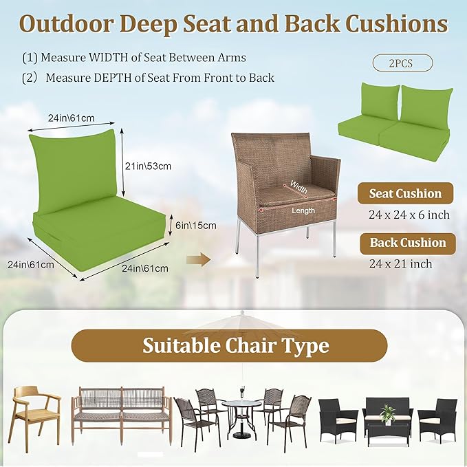 Outdoor Deep Seat Cushion Set, Fade Resistant Patio Chair Cushions, 24x24x6 Inch Patio Sofa Furniture Pad with Removable Cushion Covers (Pale Green, 24''Lx24''Wx6''H-2pcs Set)