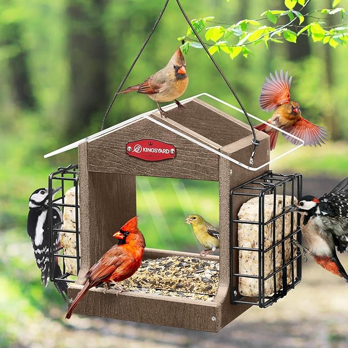 Kingsyard Hopper Bird Feeder for Outdoor Hanging - Recycled Plastic Double Suet Cages Wild Bird Feeder with Metal Mesh Tray and Rainproof Roof, 2.5 LBS Large Capacity. Brown