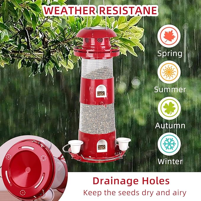Bird Feeders for Outside, Solar Wild Bird Feeder for Outdoors Hanging, 2.3lbs Metal Birds Seed Feeders with 5 Feed Ports Large Capacity Container Drinking Cups for Wild, Finch